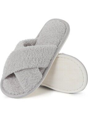 Women's Grey Velvet Fuzzy Cross Band Memory Foam House Open Toe Slipper Shoes